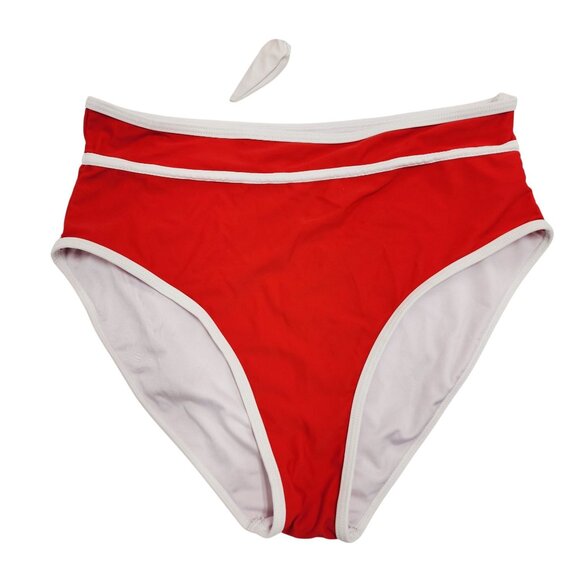 Red High-Waist Bikini Swimsuit White Trim Tie-Front Top Adjustable Straps Size L - Picture 5 of 5